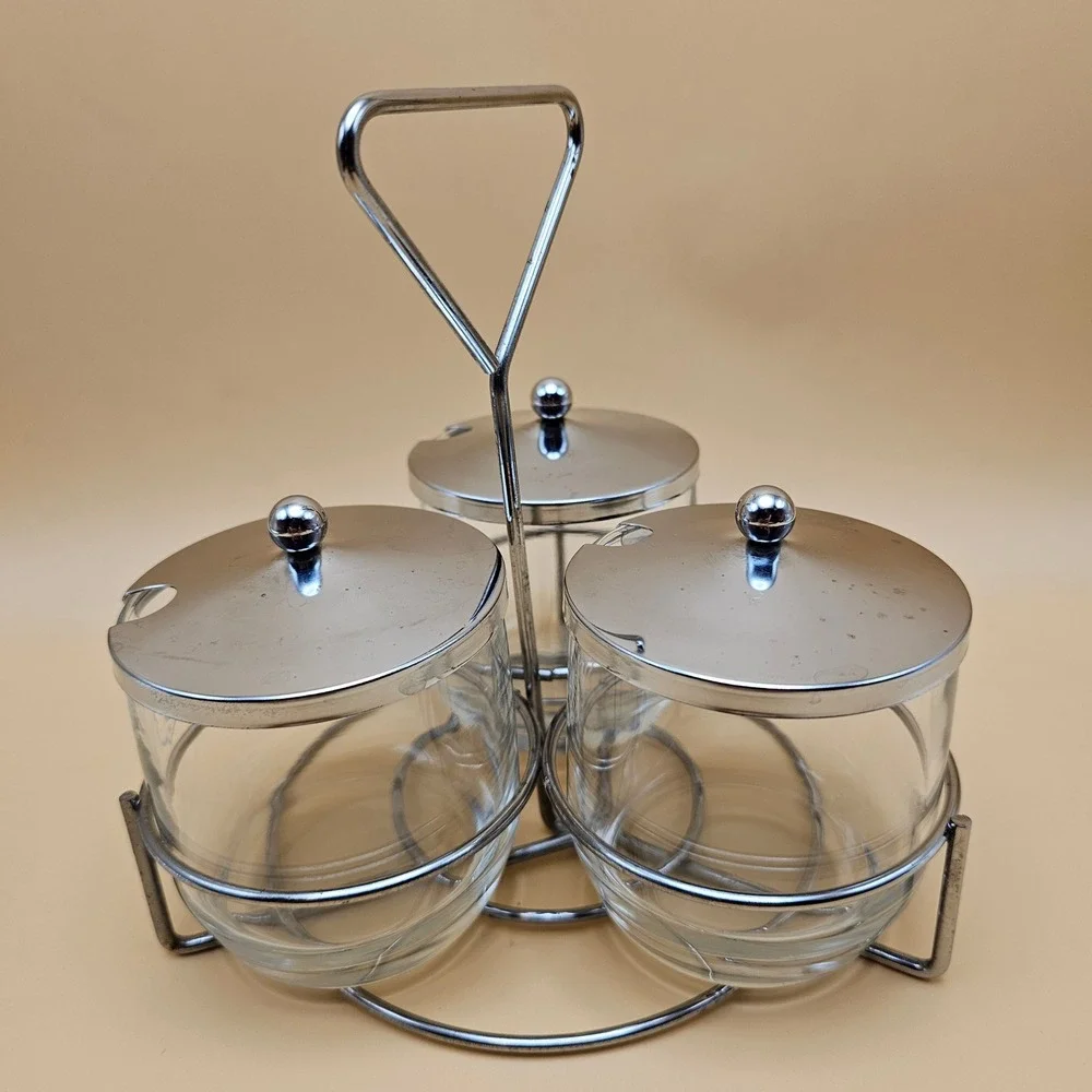 Vintage Smuckers‎ Glass Jam Jelly Condiment Jars Set of 3 with Metal Caddy
